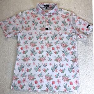 Bad Birdie Mens Cactus Desert Floral Performance Golf Polo Shirt White Pink L